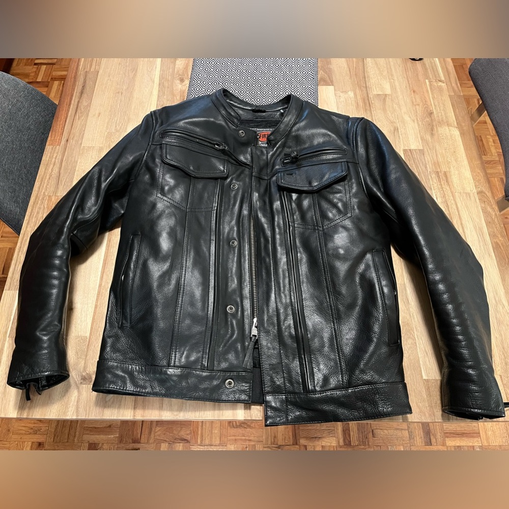 First Manufacturing leather motorcycle jacket.